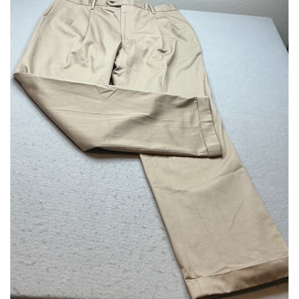 Berle Khaki Pleated Trousers 100% Cotton Cuffed Hem Size 42 Mens Dress Pants NWT